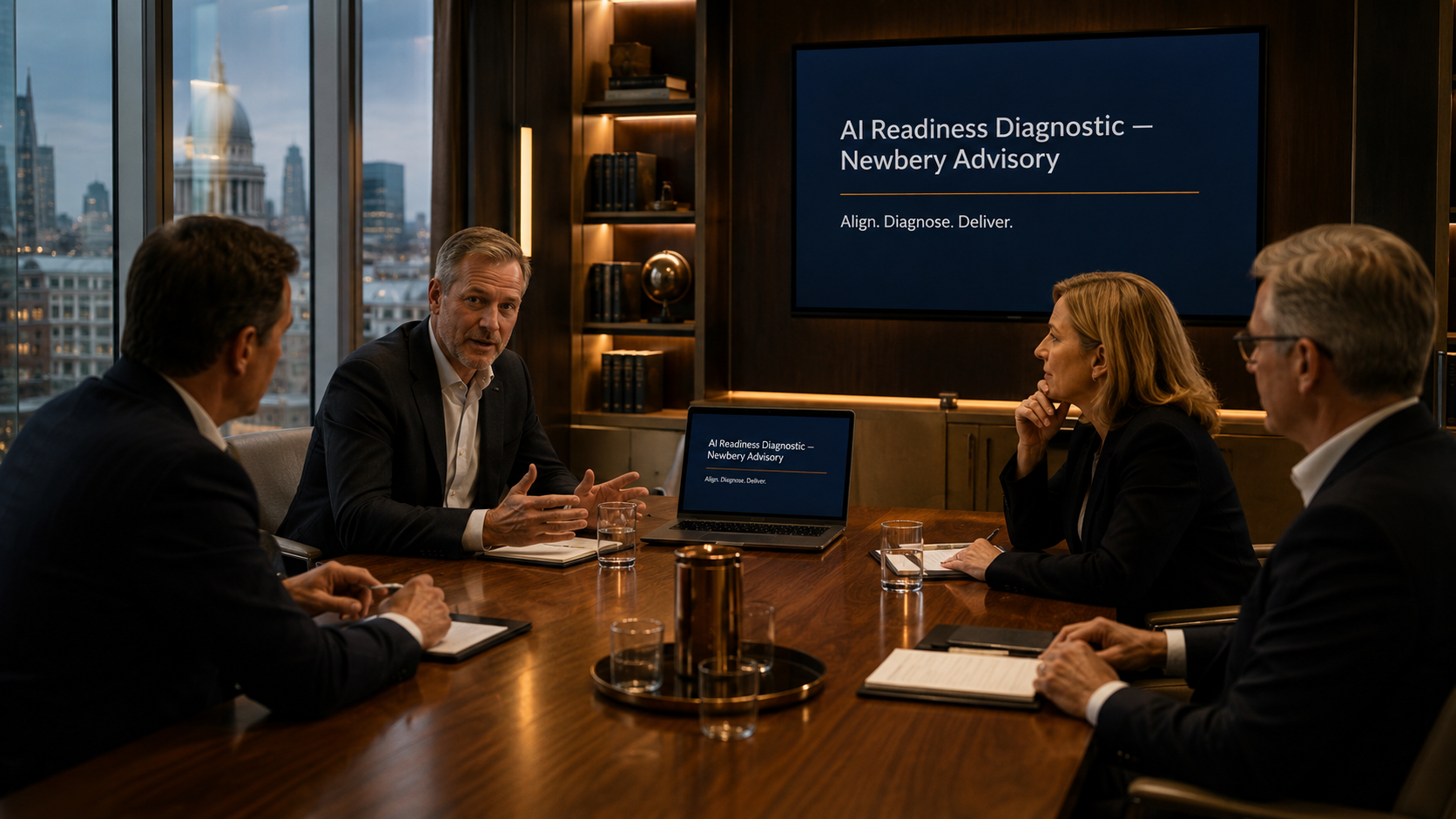 Leadership team in a boardroom discussing the AI Readiness Diagnostic — Newbery Advisory